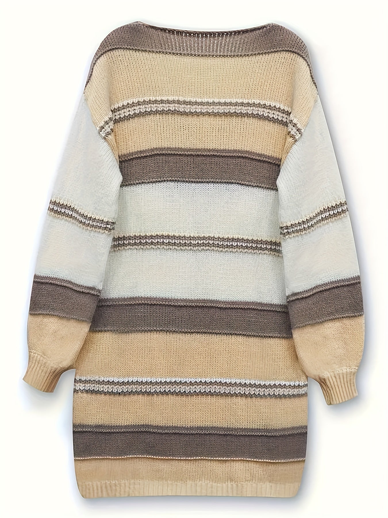 Plus Size Color Block Sweater Dress, Elegant V Neck Long Sleeve Knitted Dress For Fall & Winter, Women's Clothing