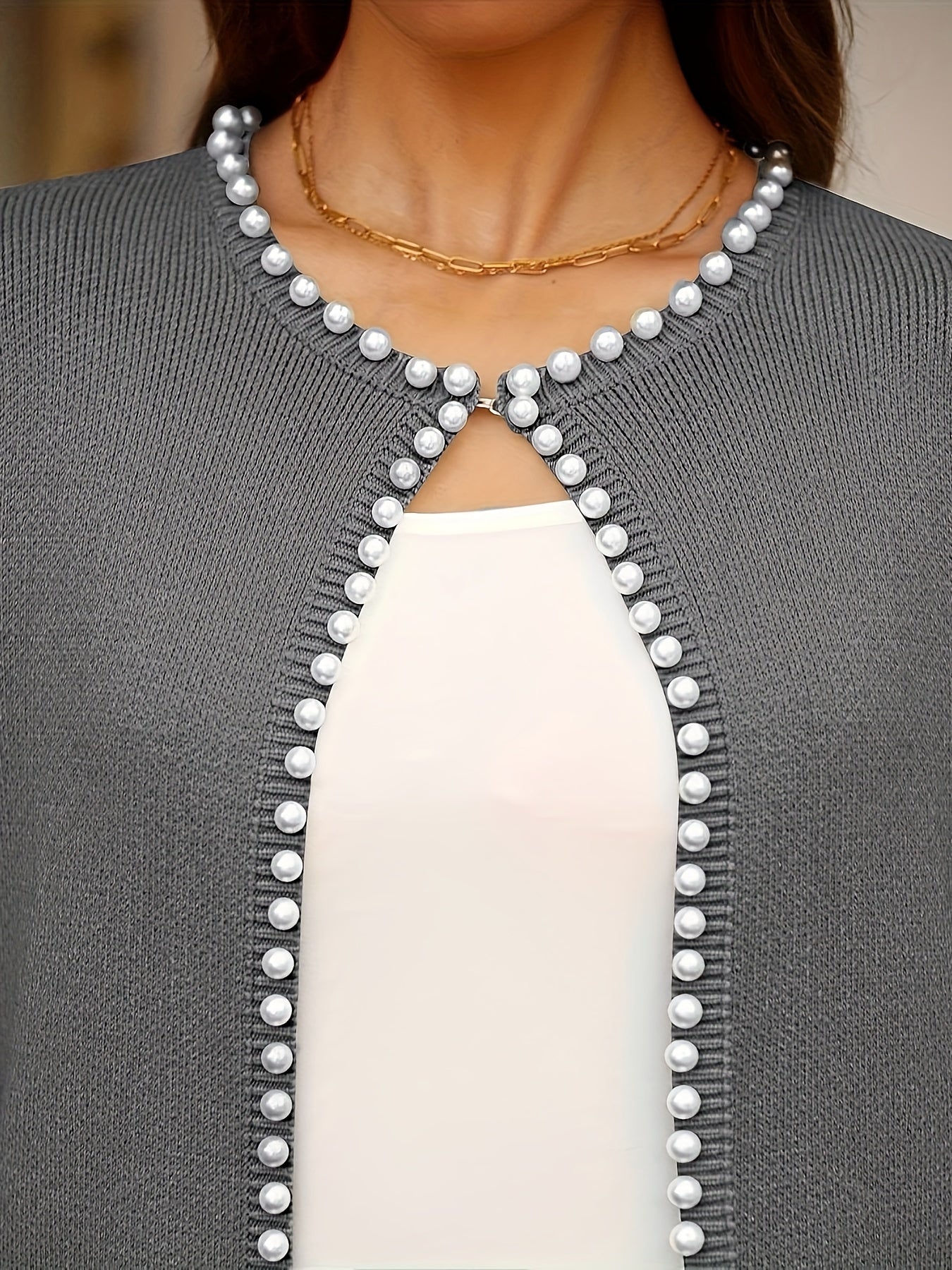 Plus Size Women's Nail Pearl Cardigan, Elegant Autumn And Winter Casual Short Style Elegant Buttonless Cardigan