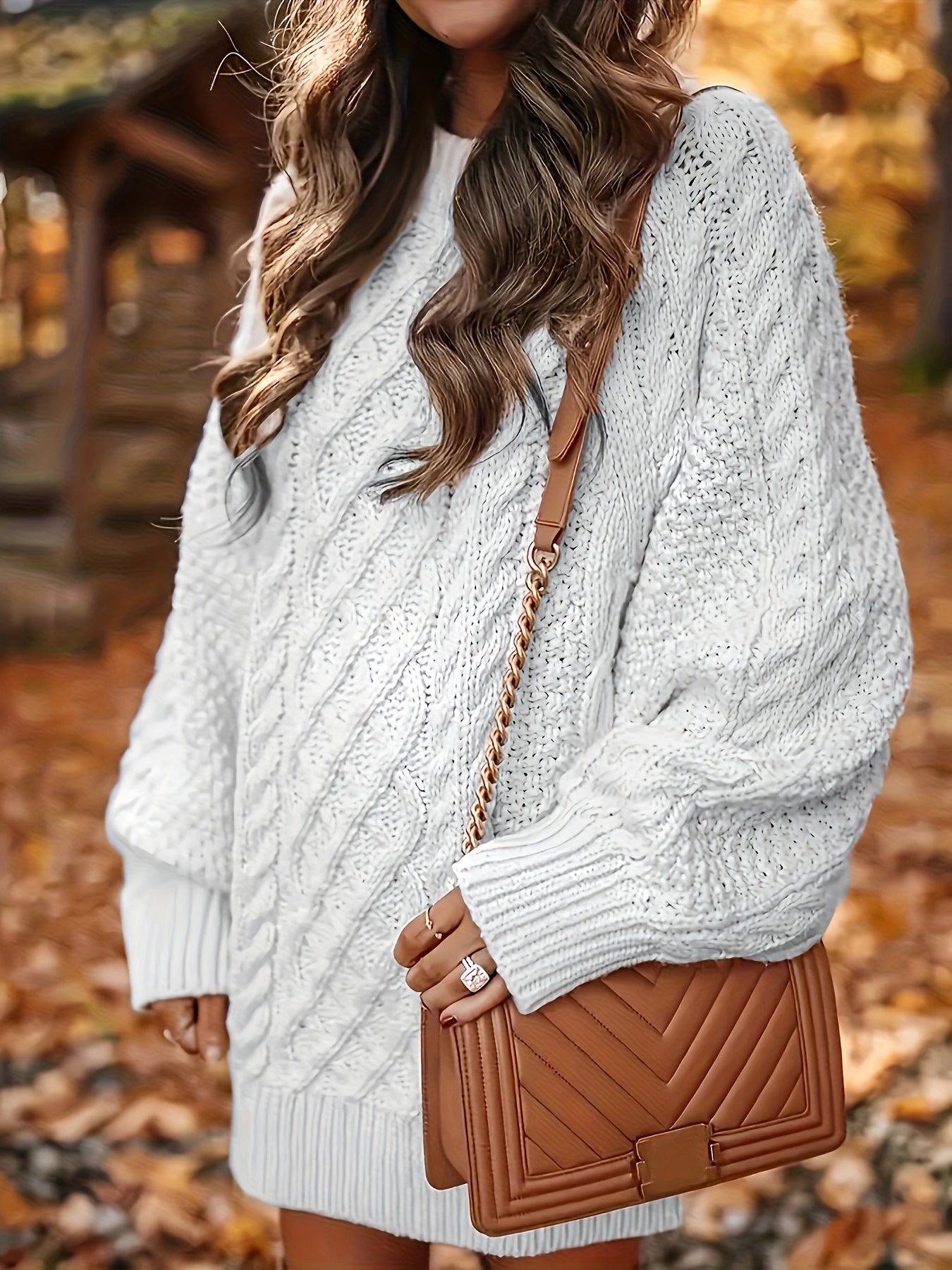 Plus Size Cable Knit Sweater Dress, Casual Chunky Knit Lantern Sleeve Jumper ForCasual Wear Women's Plus Size Clothing