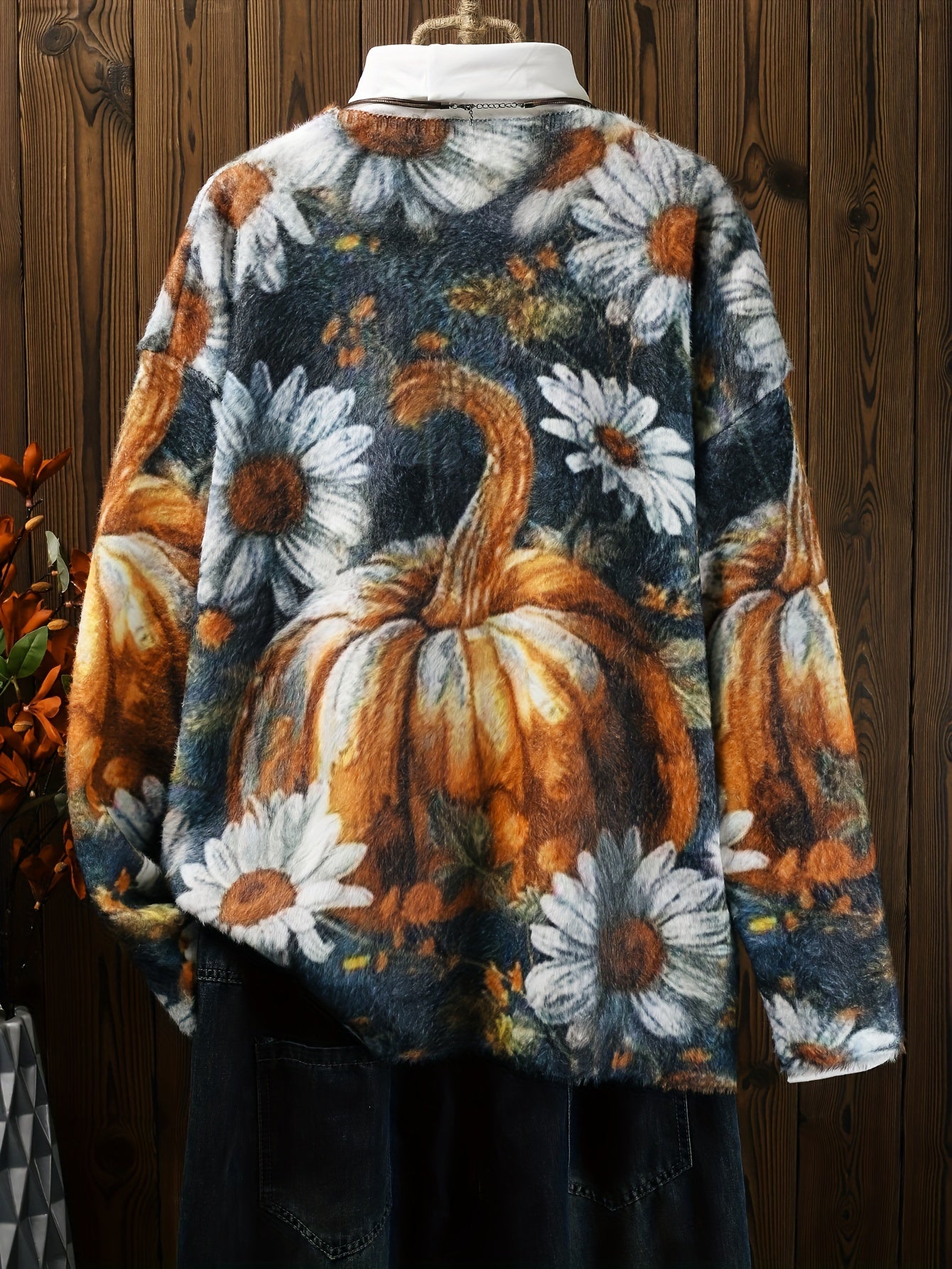 Plus Size Autumn And Winter Women's Clothing, Mink Fur Halloween Oversized Pumpkin Warm Sweater, Full Print V-neck Short Knitted Set