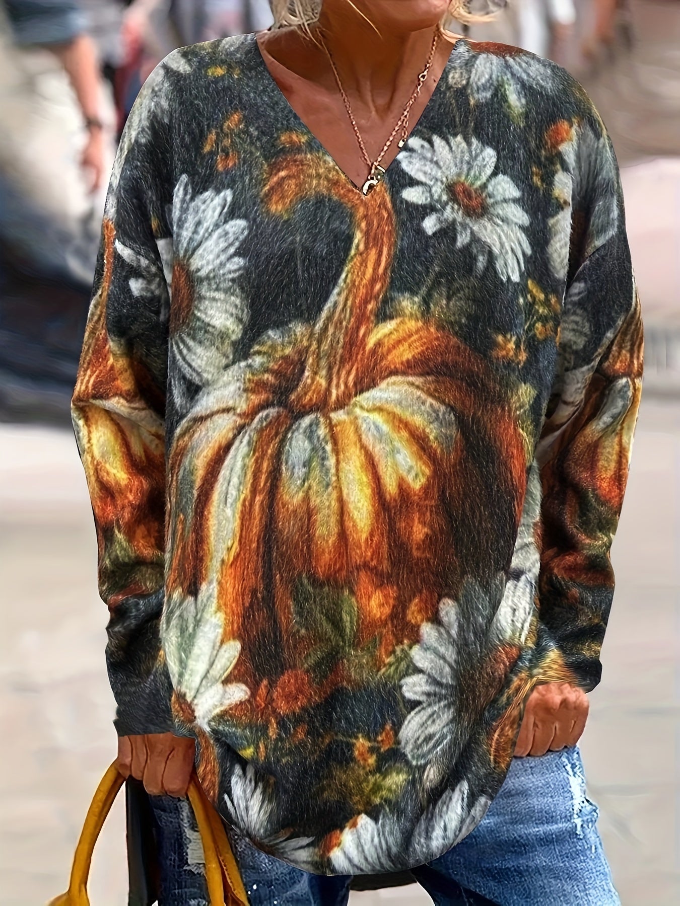 Plus Size Autumn And Winter Women's Clothing, Mink Fur Halloween Oversized Pumpkin Warm Sweater, Full Print V-neck Short Knitted Set