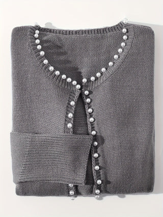 Plus Size Women's Nail Pearl Cardigan, Elegant Autumn And Winter Casual Short Style Elegant Buttonless Cardigan