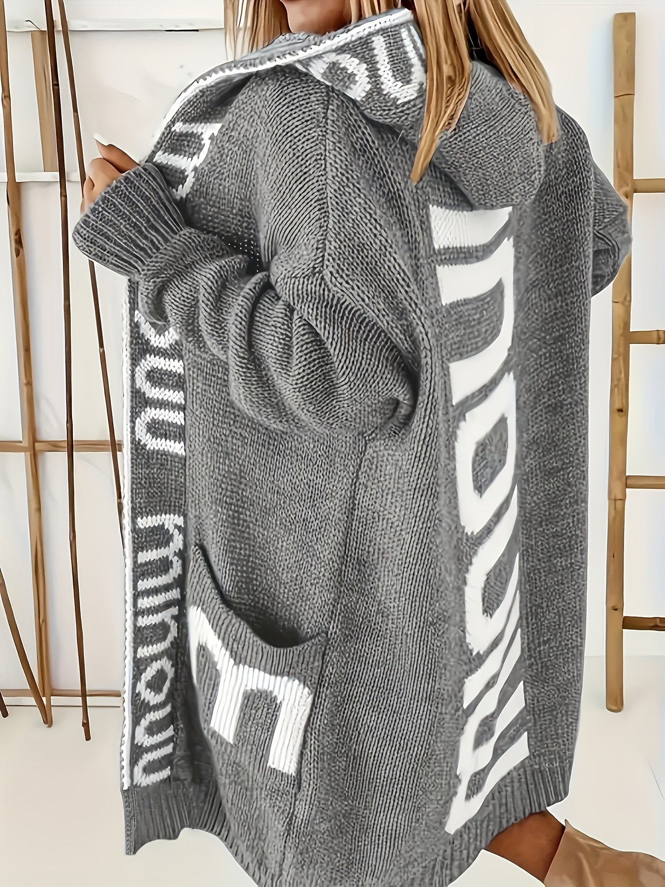 European And American Plus Size Elegant And Fashionable Hooded Letter Pocket Women's Sweater Cardigan