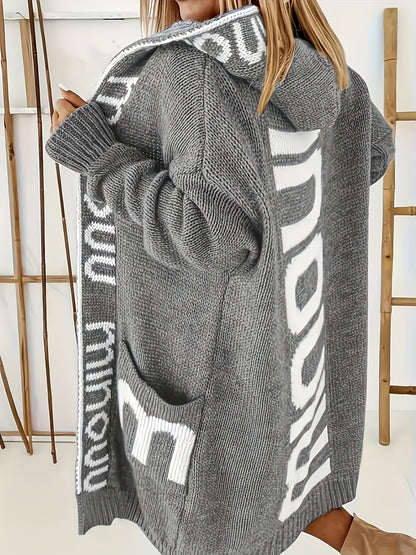 European And American Plus Size Elegant And Fashionable Hooded Letter Pocket Women's Sweater Cardigan
