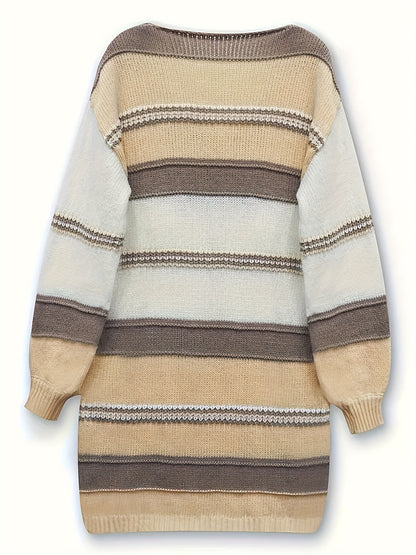 Plus Size Color Block Sweater Dress, Elegant V Neck Long Sleeve Knitted Dress For Fall & Winter, Women's Clothing