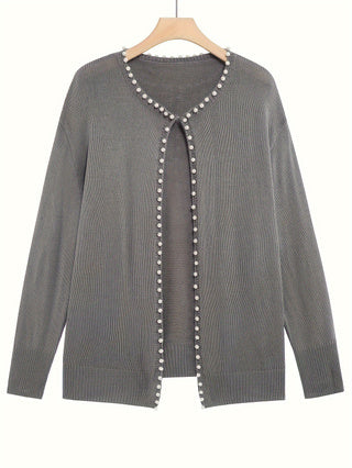 Plus Size Women's Nail Pearl Cardigan, Elegant Autumn And Winter Casual Short Style Elegant Buttonless Cardigan