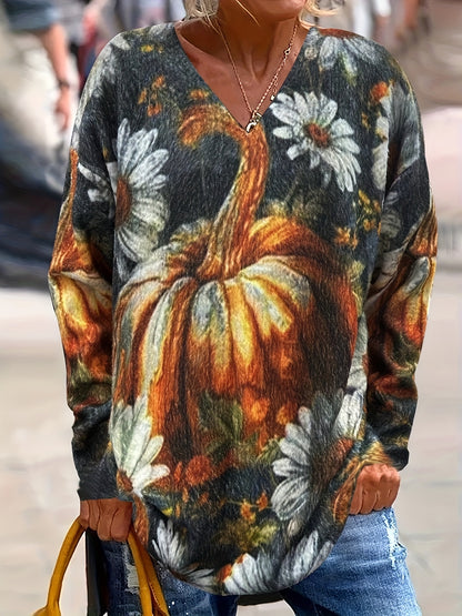 Plus Size Autumn And Winter Women's Clothing, Mink Fur Halloween Oversized Pumpkin Warm Sweater, Full Print V-neck Short Knitted Set